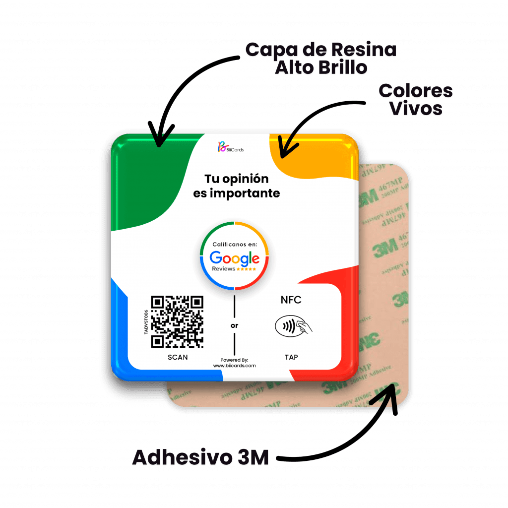 Placa adhesiva con NFC y código QR para reseñas de Google