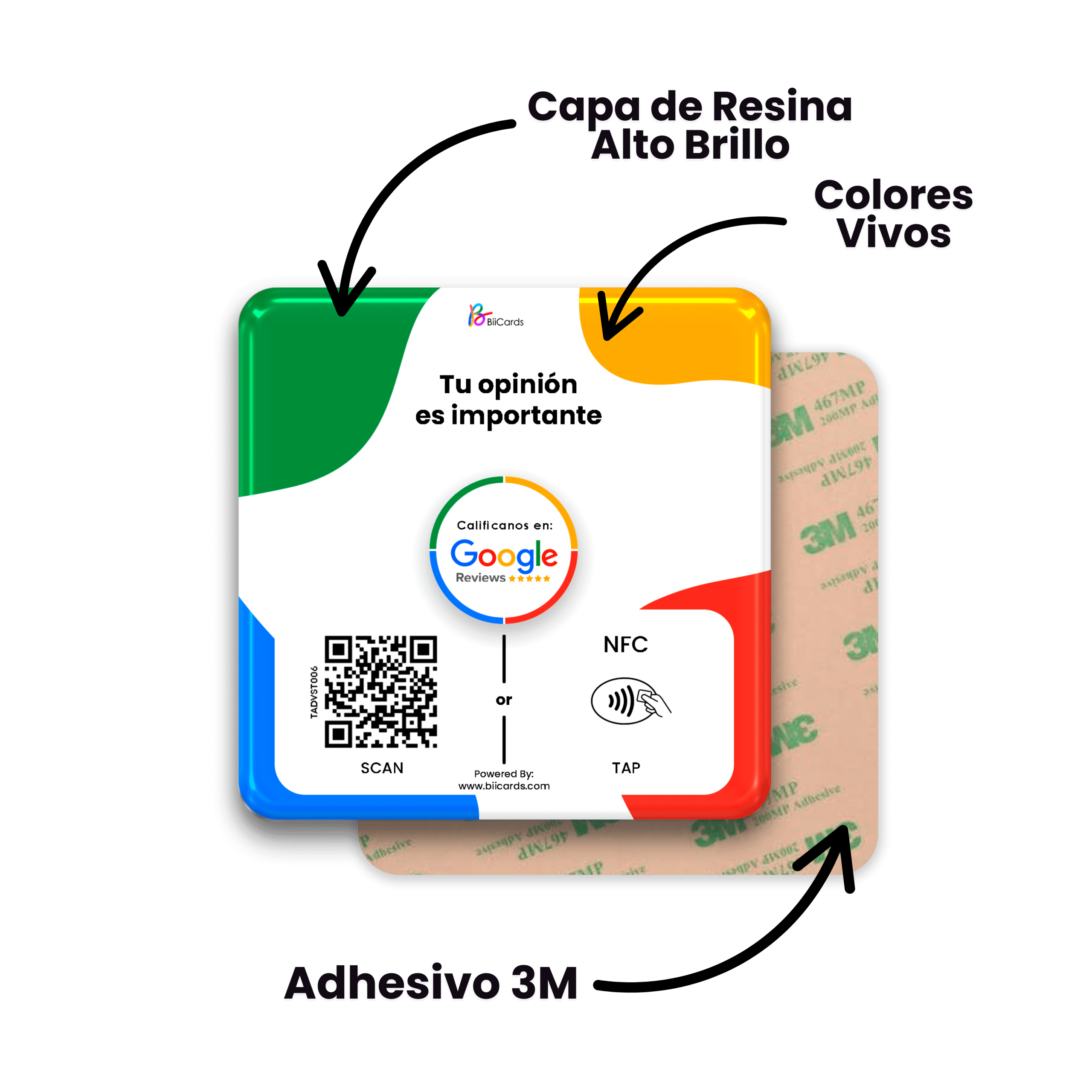 Placa adhesiva con NFC y código QR para reseñas de Google